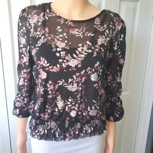 Cravefame Woman's Black Floral Top 3/4 Sleeve Sheer Lined M Office Siren Casual